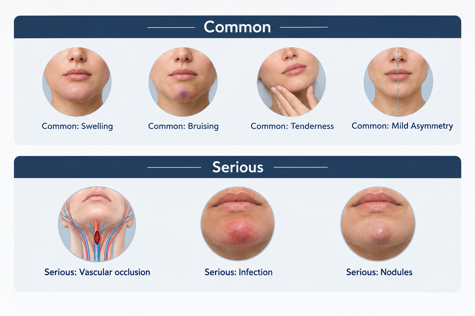 Infographic showing common and serious risks of chin filler treatment