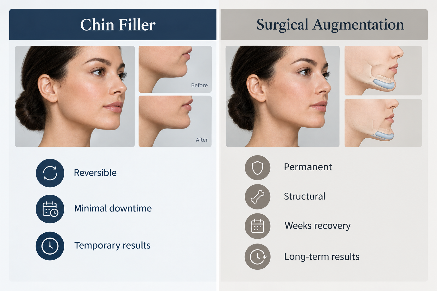 Comparison graphic of chin filler versus surgical chin augmentation key differences