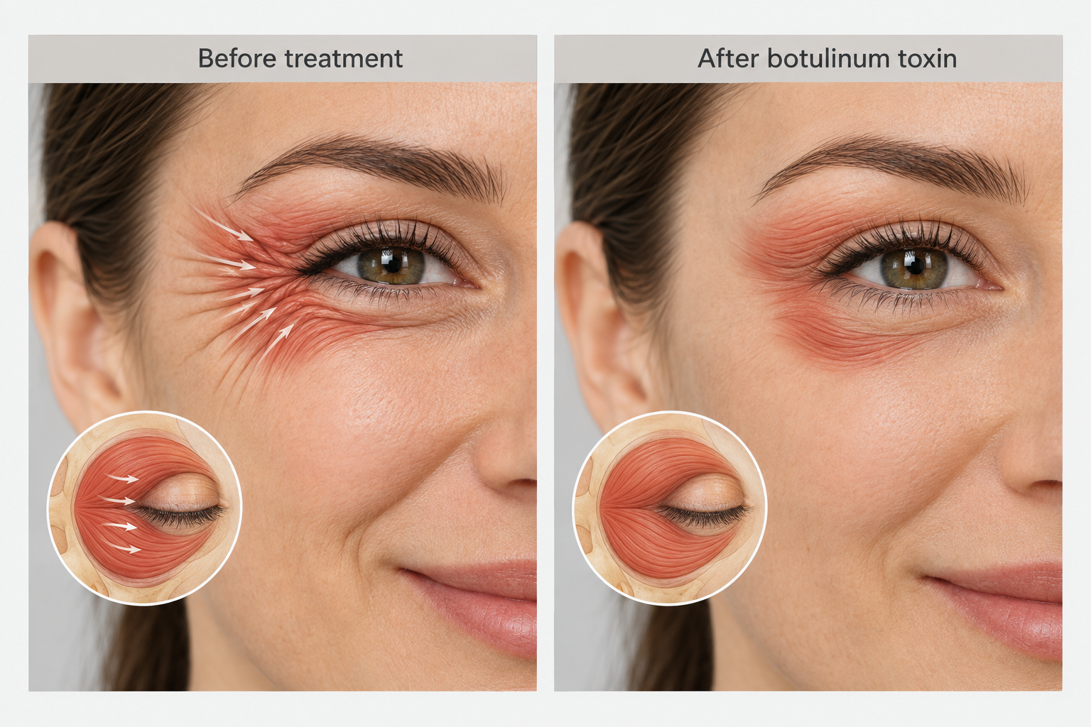 Diagram comparing crow's feet before and after botulinum toxin muscle relaxation