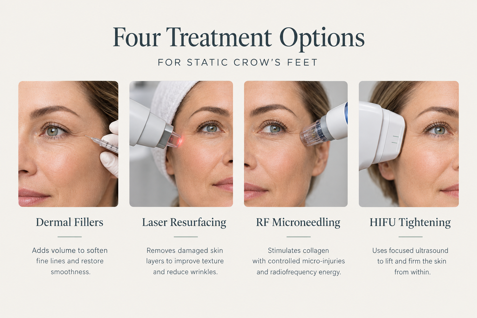 Infographic of treatment options for static crow's feet including fillers and laser