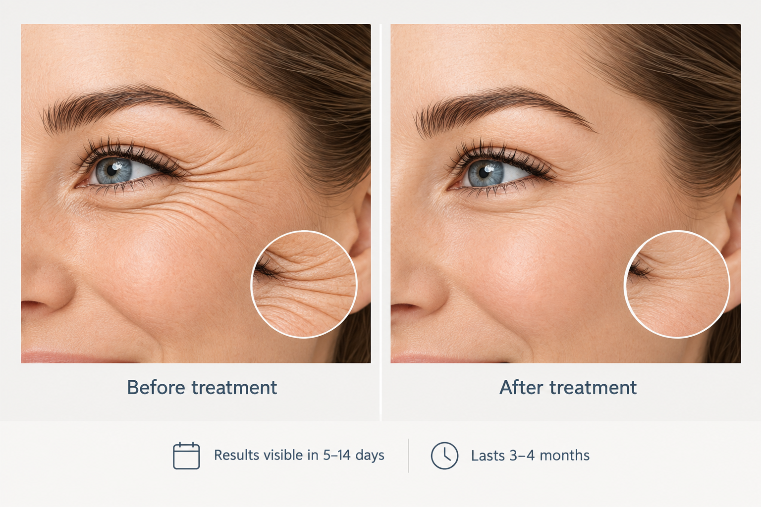 Comparison diagram showing crow's feet lines before and after botulinum toxin treatment