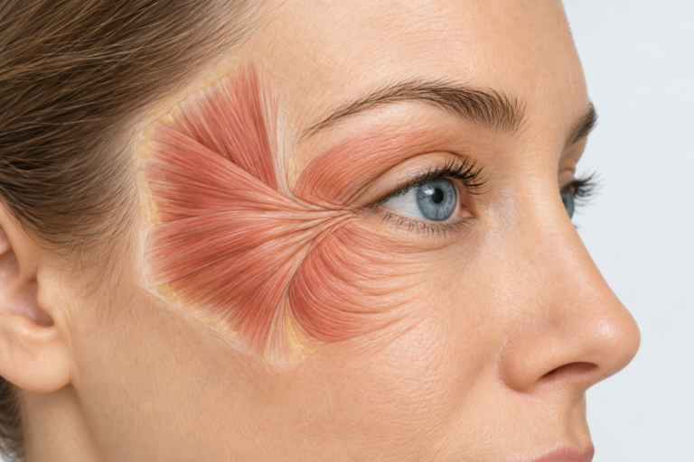 Illustration of crow's feet lines at the outer eye corner showing orbicularis oculi muscle