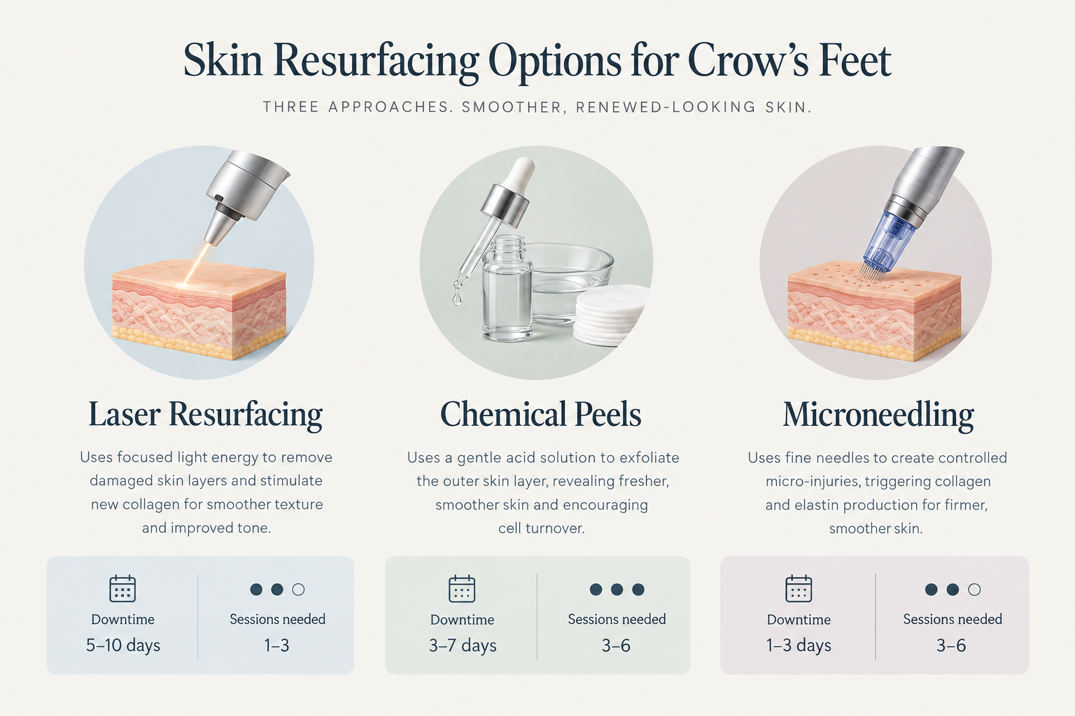 Infographic comparing laser resurfacing, chemical peels, and microneedling for crow's feet treatment
