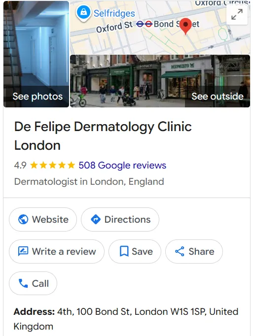 De Felipe Dermatology Clinic Google Maps profile 