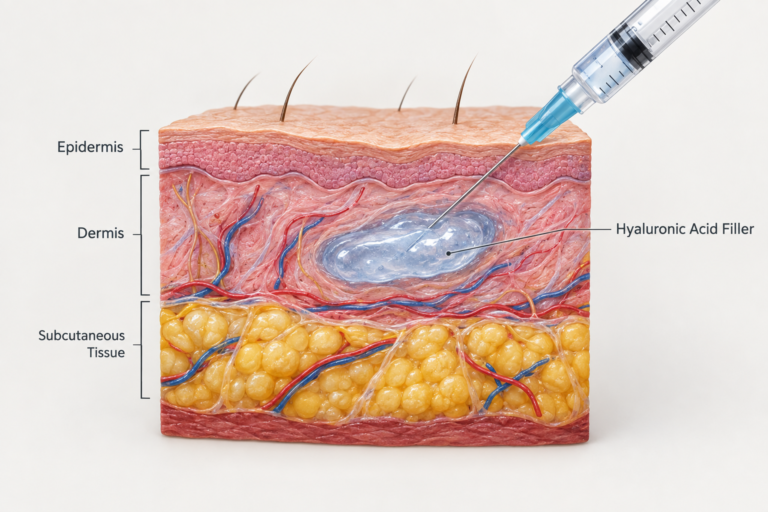 Illustration of hyaluronic acid dermal filler injection beneath facial skin layers