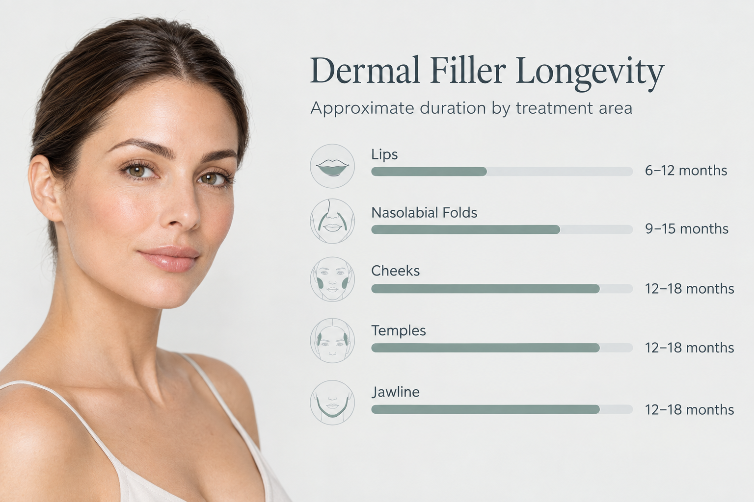 Bar chart showing how long dermal filler results last by treatment area
