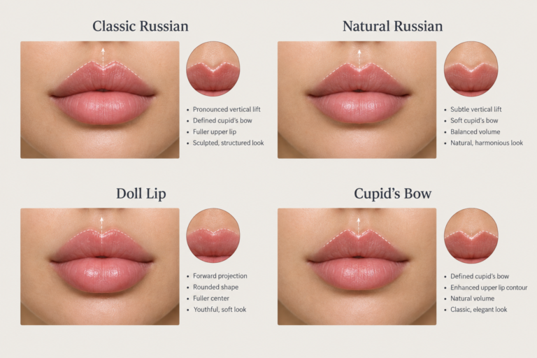 Diagram showing different styles of Russian lip filler variations and their distinct shapes