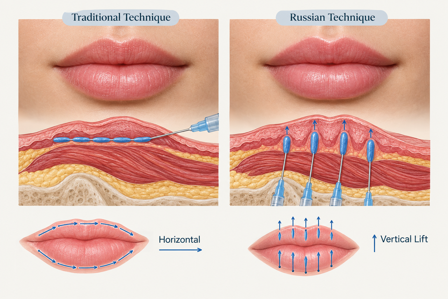 Comparison illustration of traditional lip filler injection pattern versus Russian lip vertical