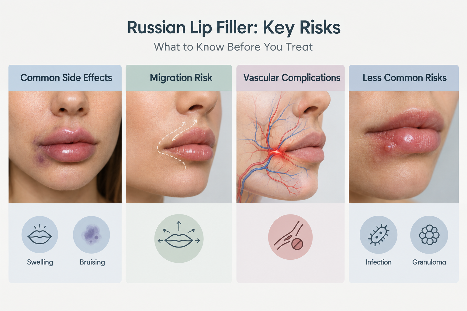 Infographic summarising risks and side effects of Russian lip filler including vascular