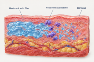 Illustration of hyaluronidase enzyme dissolving hyaluronic acid lip filler in lip tissue