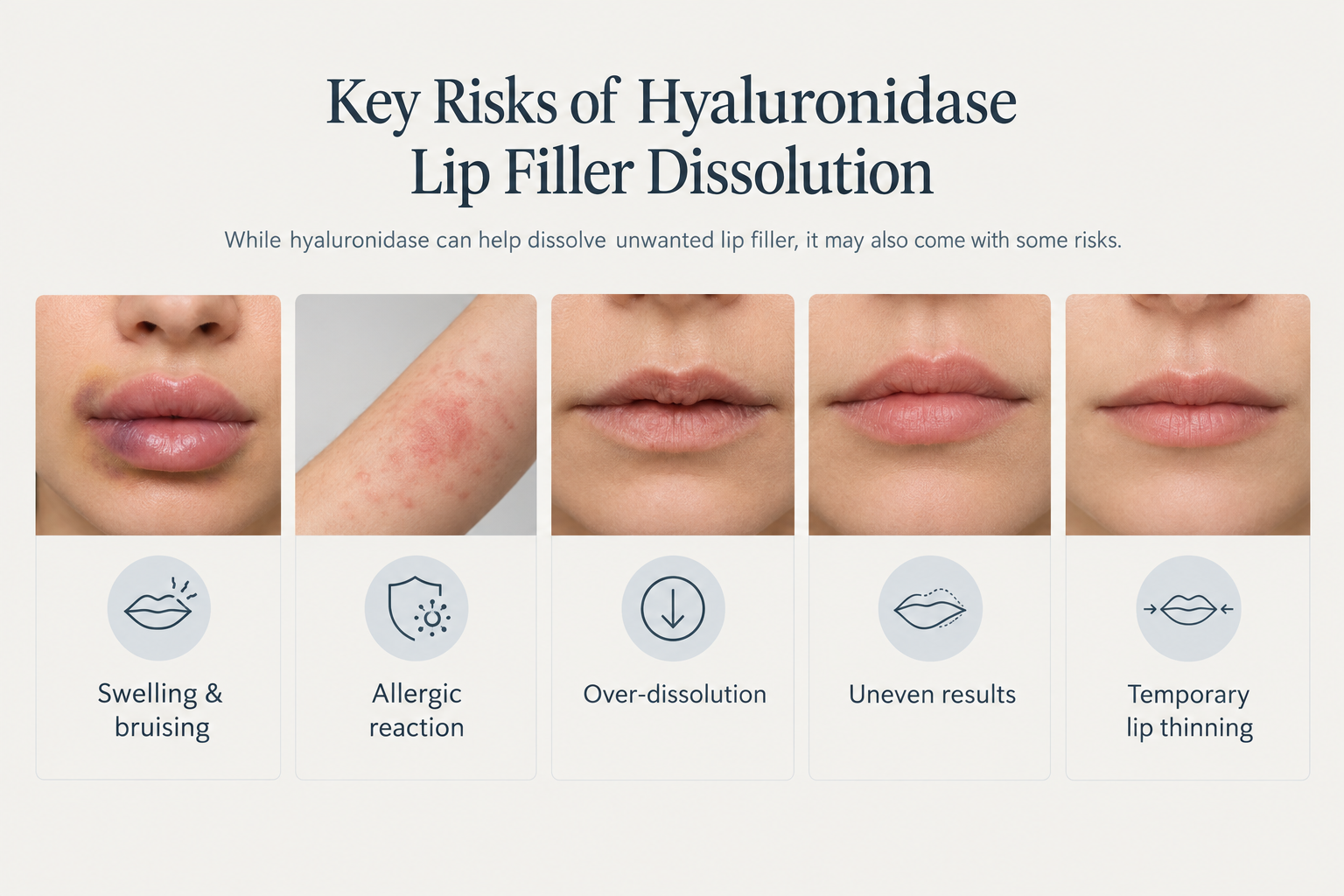 Fact cards showing risks and side effects of dissolving lip filler with hyaluronidase