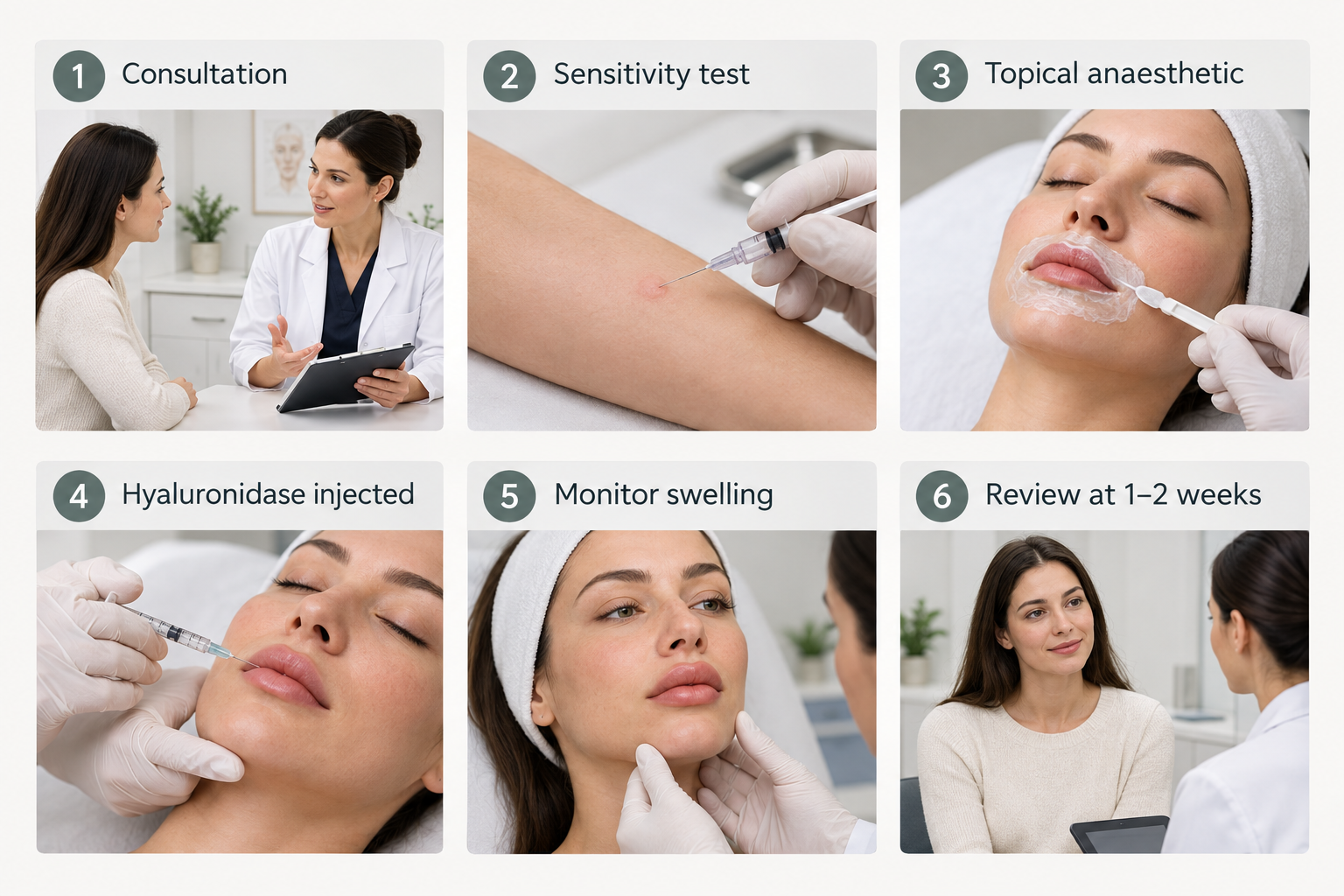 Step-by-step process of a hyaluronidase lip filler dissolving appointment