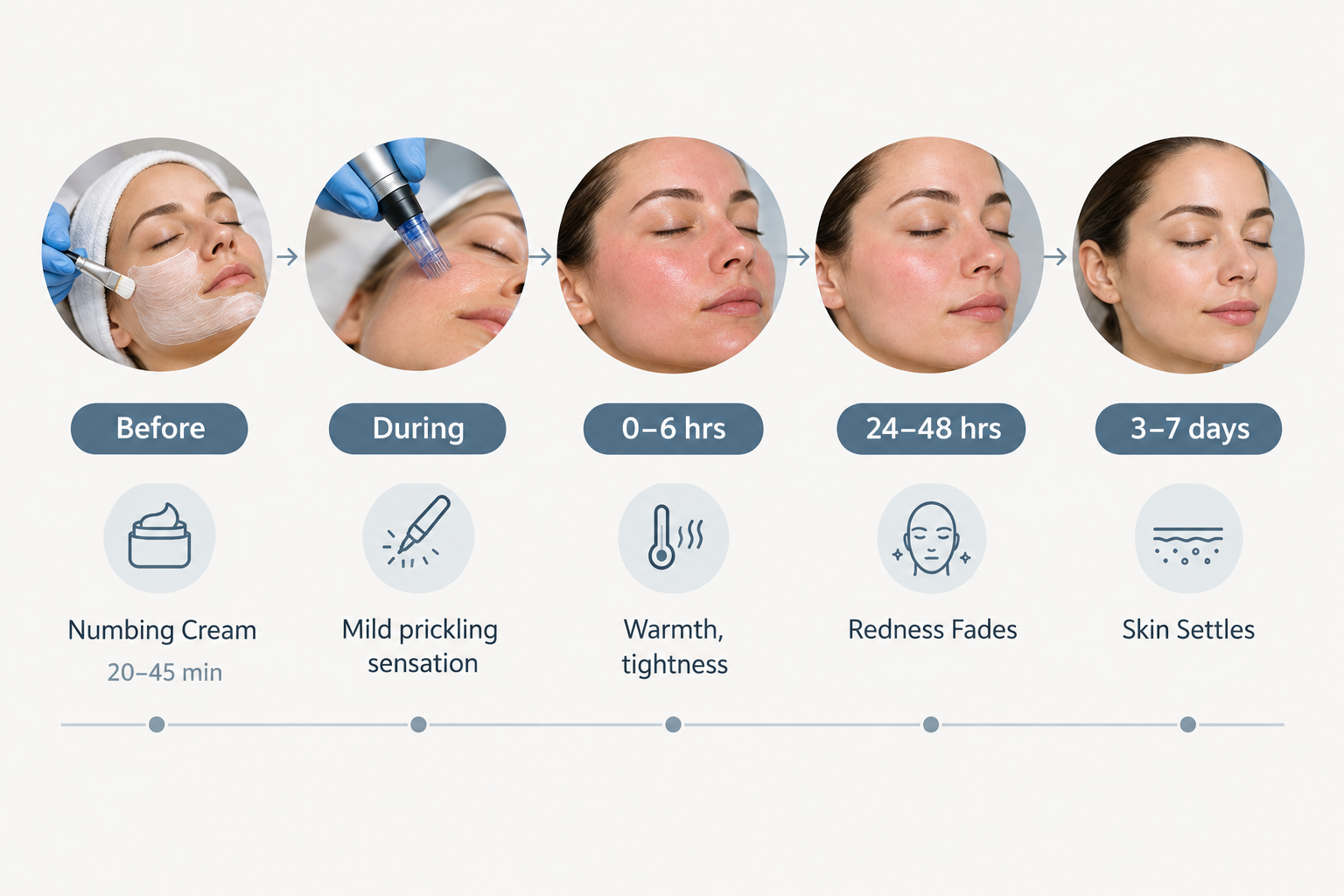 Timeline showing microneedling discomfort and recovery stages from before treatment to day seven