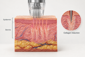 Illustration of microneedling needle penetrating skin layers to stimulate collagen production