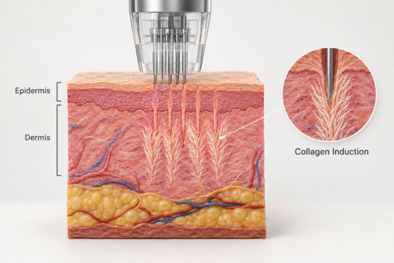 Illustration of microneedling needle penetrating skin layers to stimulate collagen production