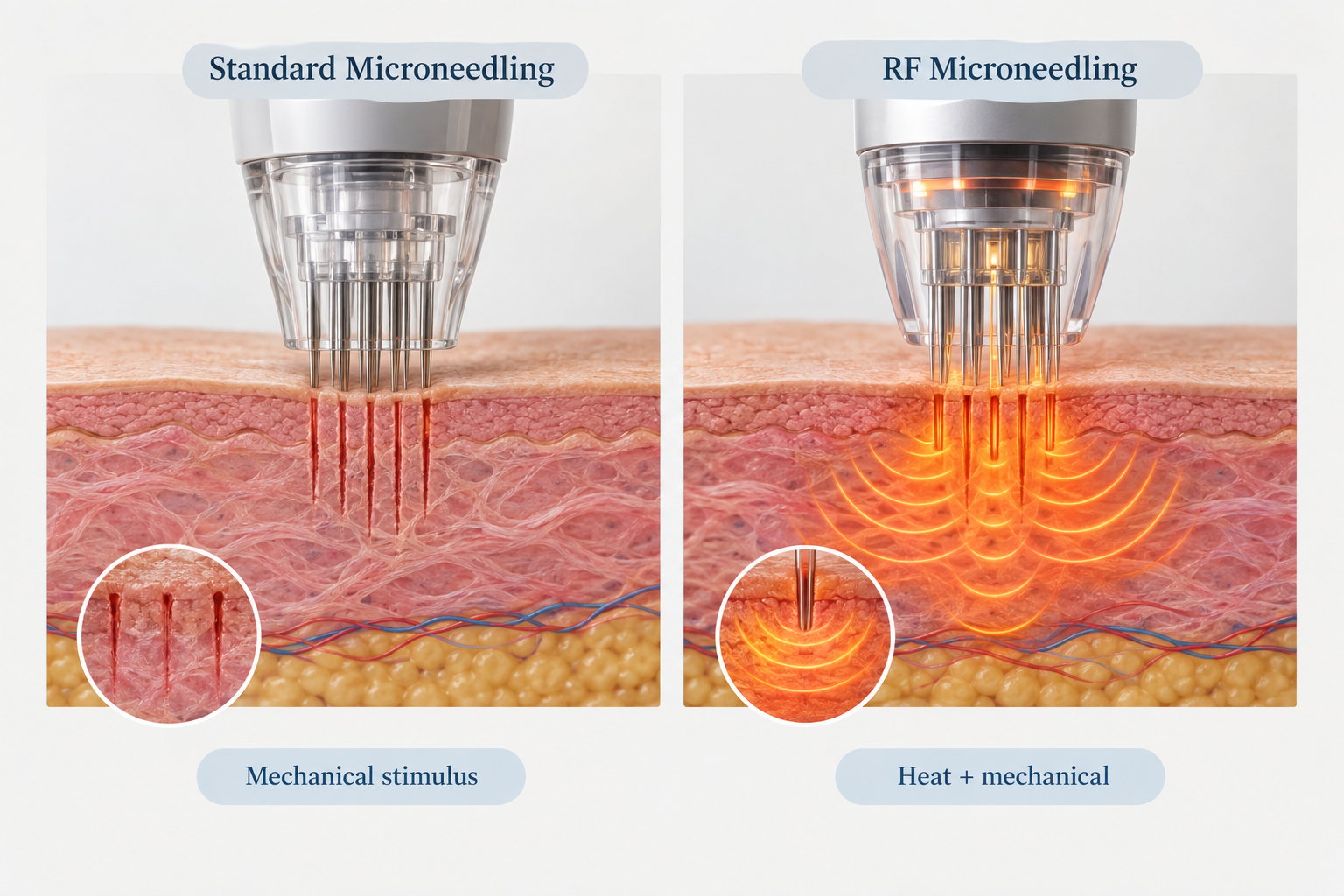 Comparison diagram of standard microneedling versus radiofrequency microneedling skin tightening