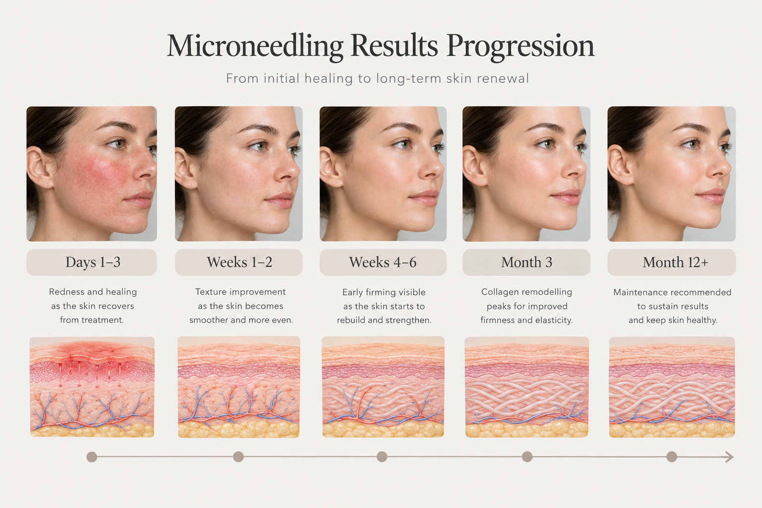 Timeline infographic showing when microneedling skin tightening results appear and how long they