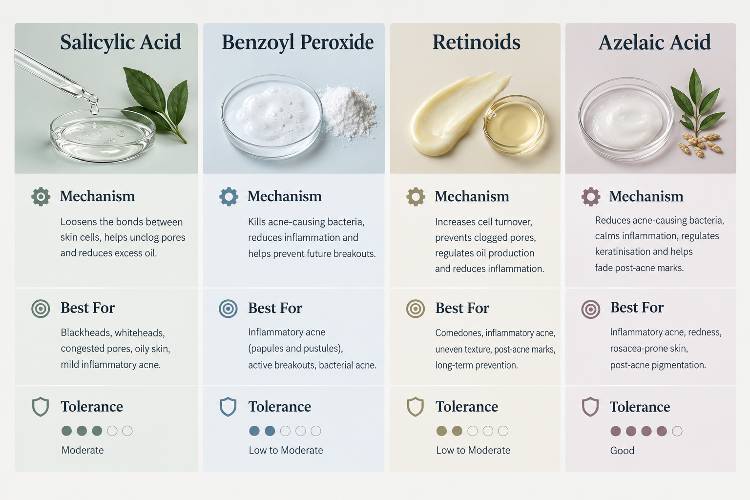 Comparison of salicylic acid, benzoyl peroxide, retinoids and azelaic acid for acne treatment