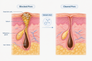 Illustration showing how salicylic acid clears a blocked pore to reduce acne formation