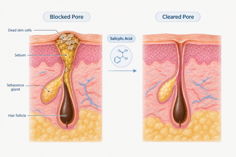 Illustration showing how salicylic acid clears a blocked pore to reduce acne formation