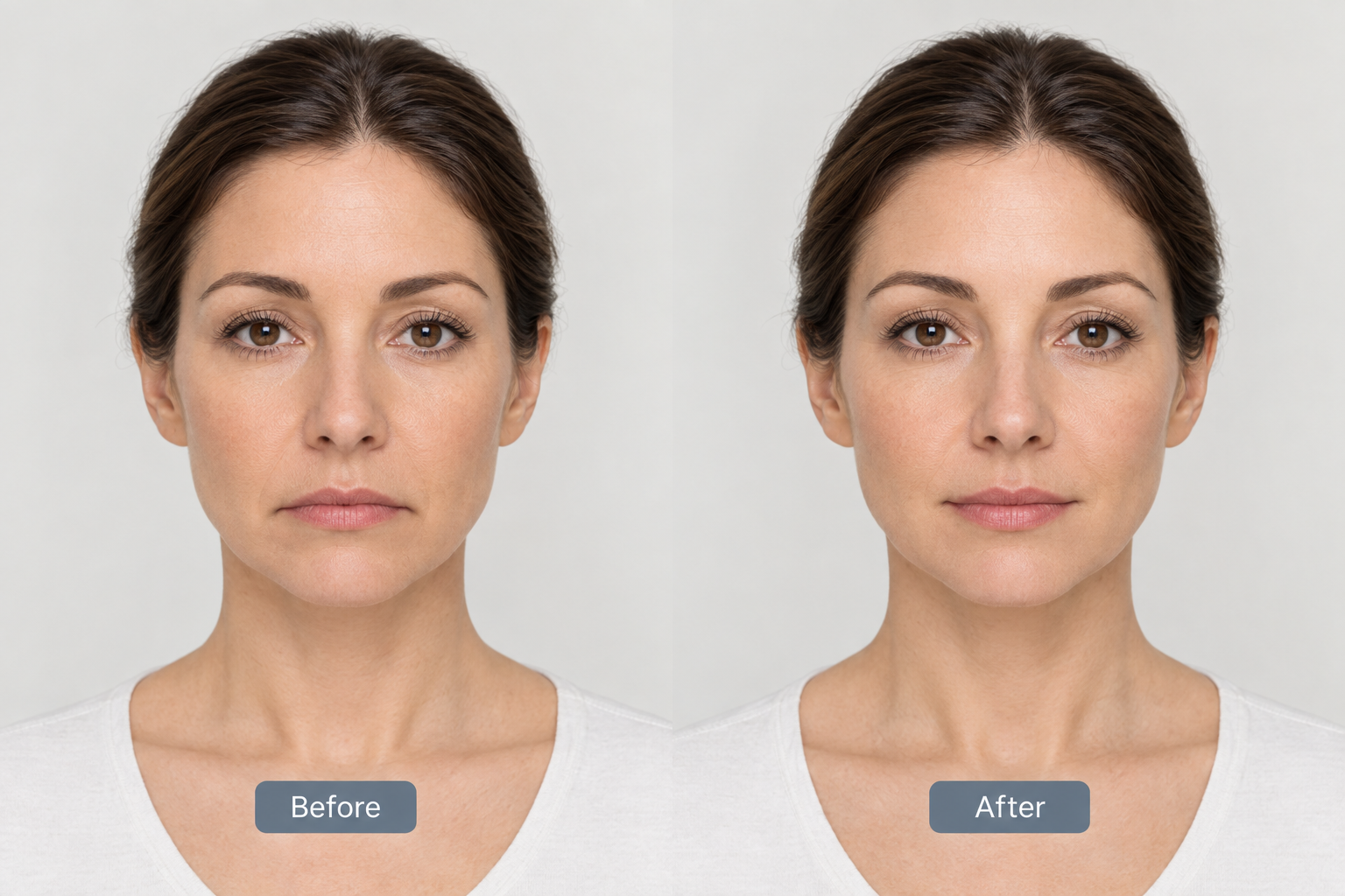 Before and after illustration of botulinum toxin treatment for downturned mouth corners