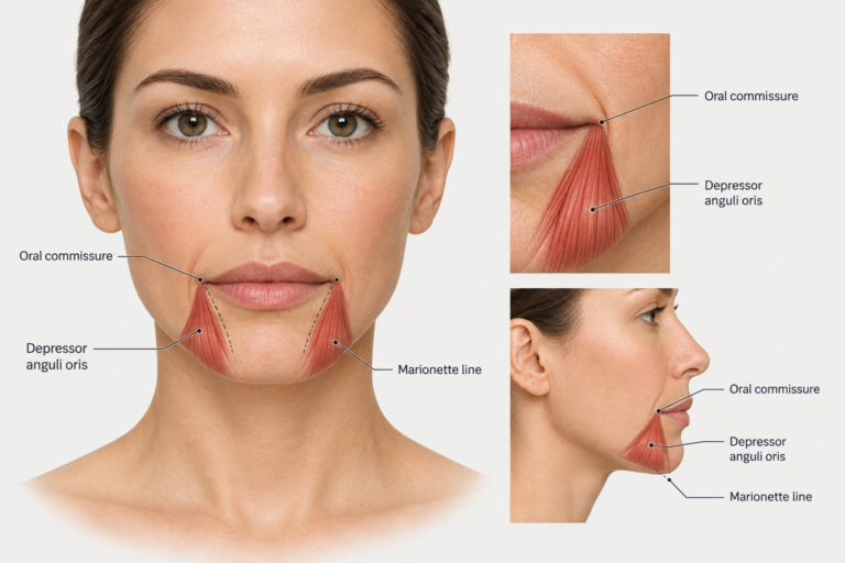 Anatomical illustration of the depressor anguli oris muscle and downturned mouth corners