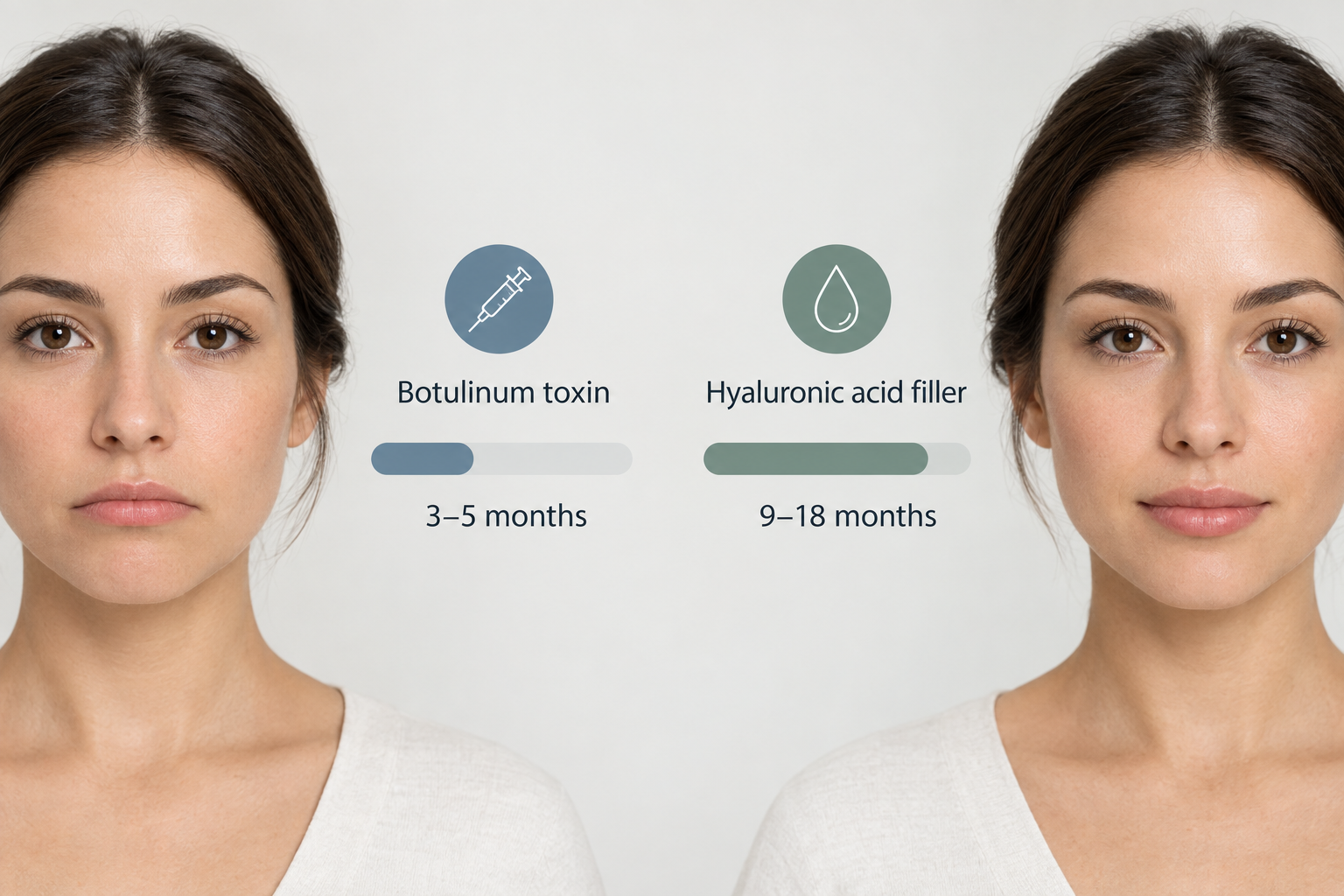 Infographic comparing longevity of botulinum toxin and dermal filler for downturned mouth