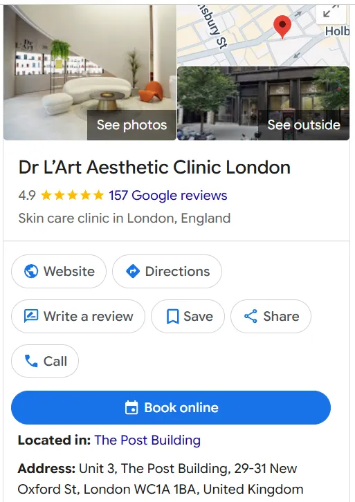 Dr L’Art Aesthetic Clinic London Google Maps profile 