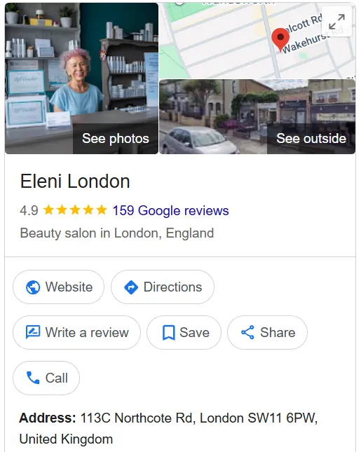 Eleni London Skin Clinic Google Maps profile