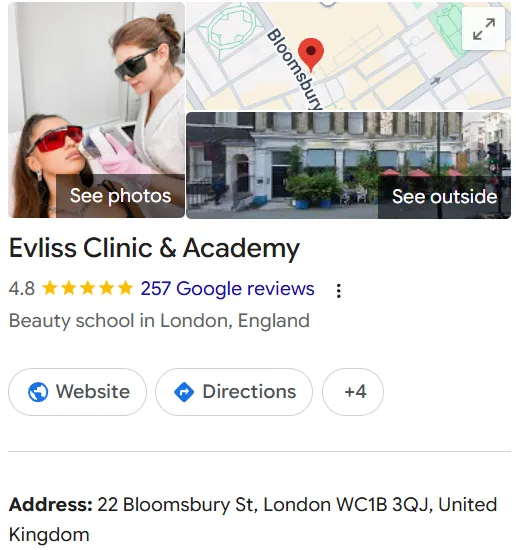 Evliss Clinic & Academy Google Maps profile 