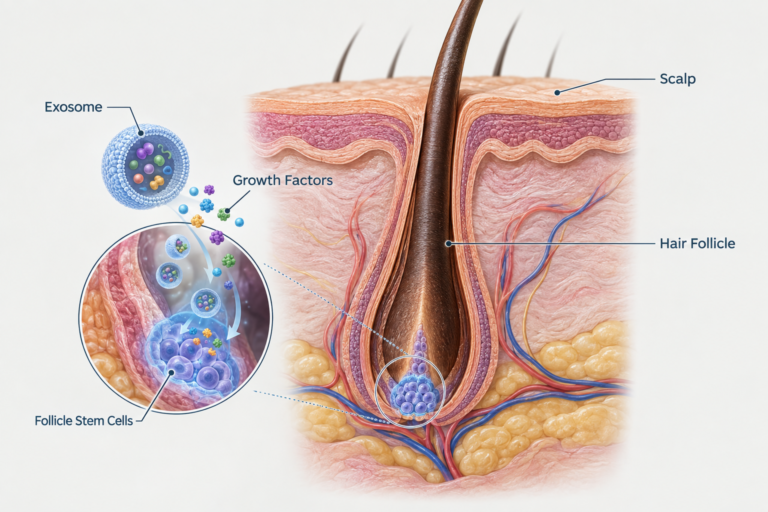 Illustration of exosome vesicles delivering growth factors to a hair follicle on the scalp