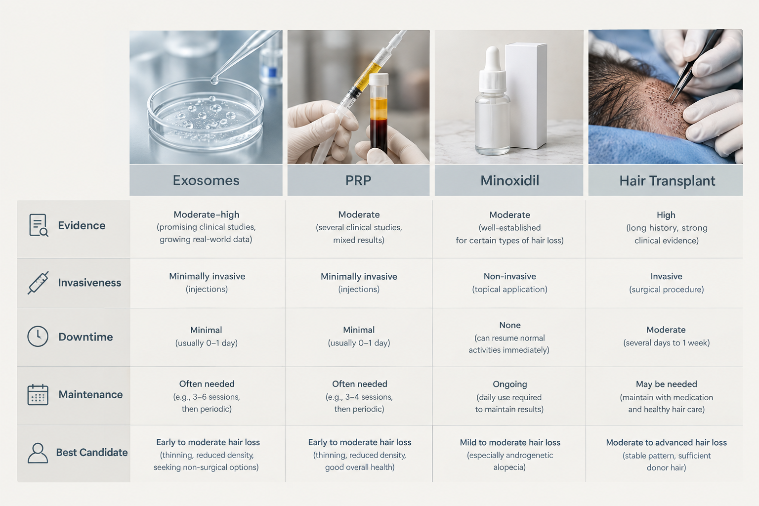 Comparison chart of exosome therapy versus PRP, minoxidil, and hair transplant for hair loss