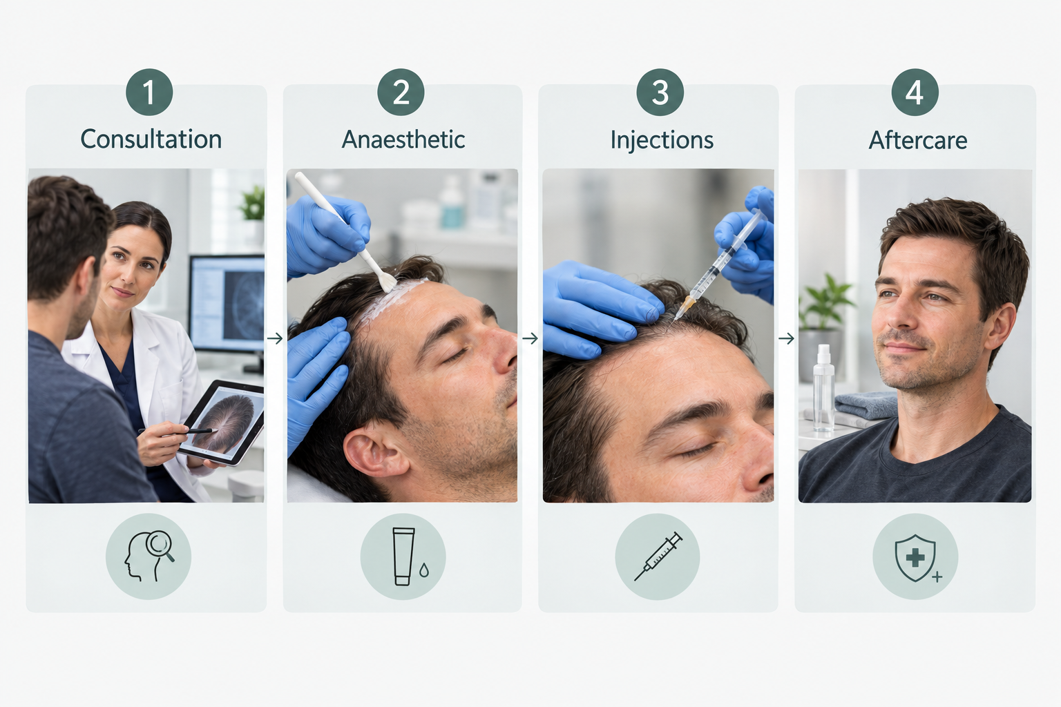 Step-by-step diagram of the exosome hair treatment process from consultation to aftercare