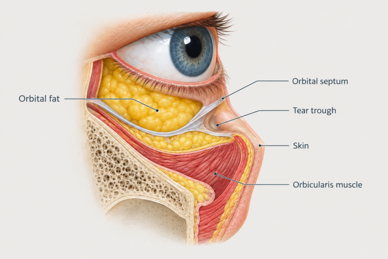 Diagram of lower eyelid anatomy showing orbital fat compartments and orbital septum