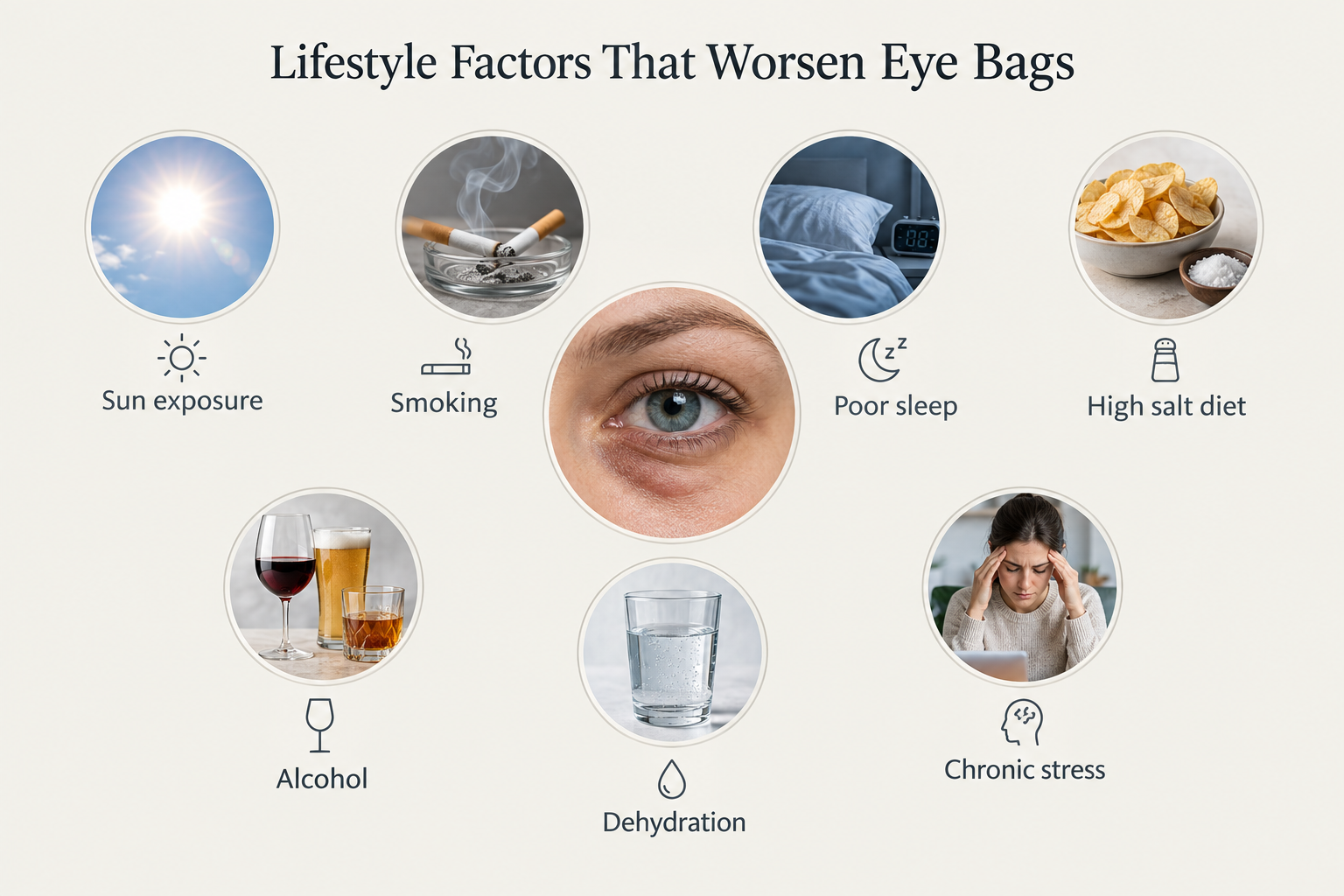 Infographic showing lifestyle factors that worsen eye bags including sleep, diet and sun exposure