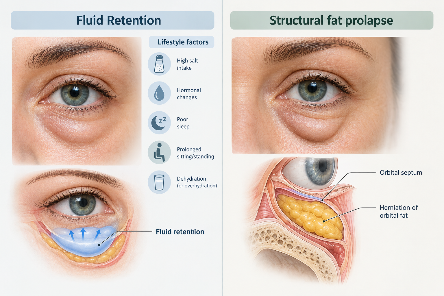 Comparison diagram of fluid-related eye bag puffiness versus structural fat prolapse under the eye