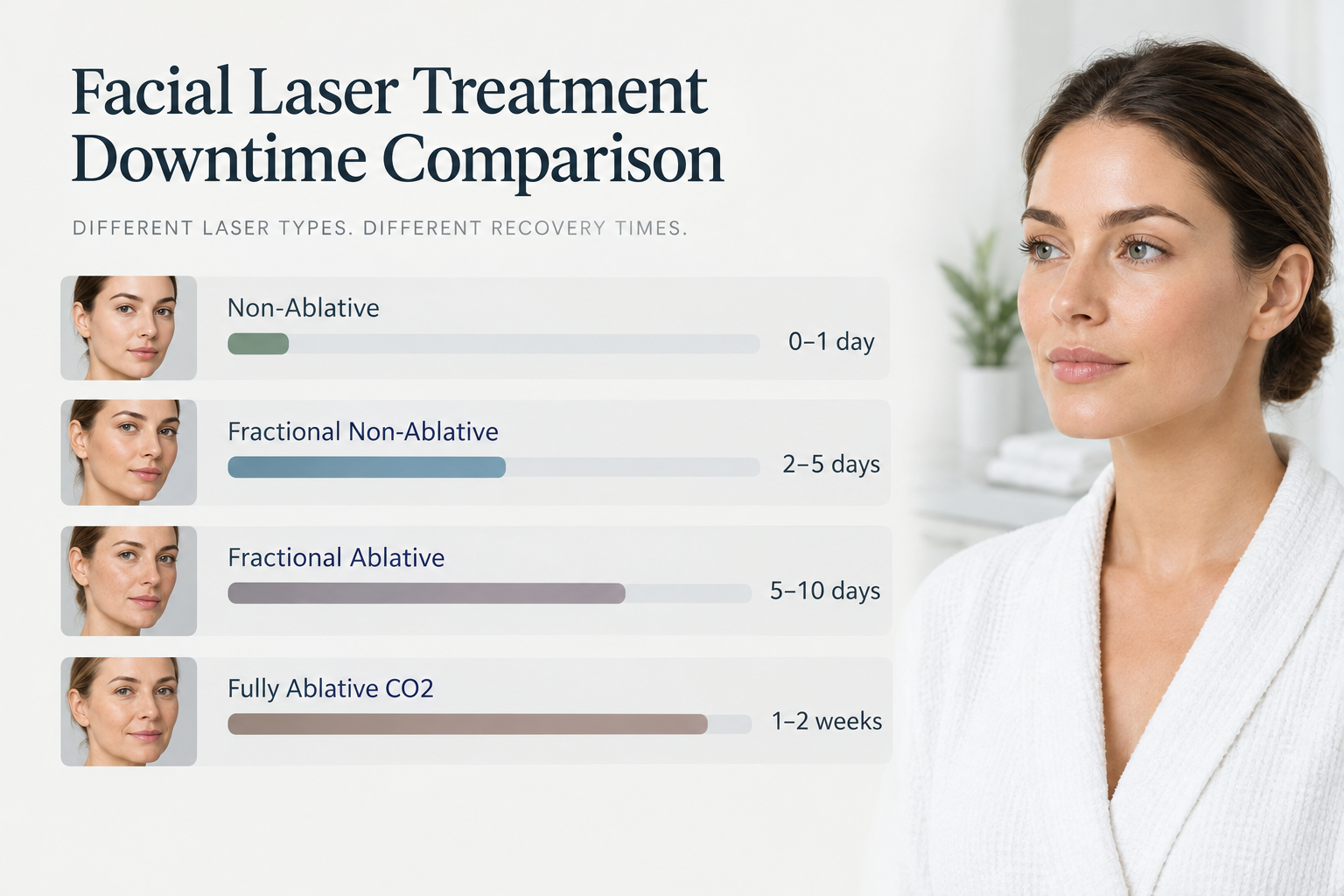 Infographic comparing downtime for non-ablative, fractional, and ablative facial laser treatments