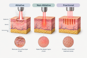 Illustration comparing ablative, non-ablative, and fractional facial laser treatment types