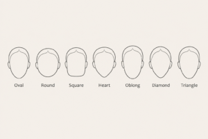 Seven face shape outlines illustrated side by side: oval, round, square, heart, oblong, diamond