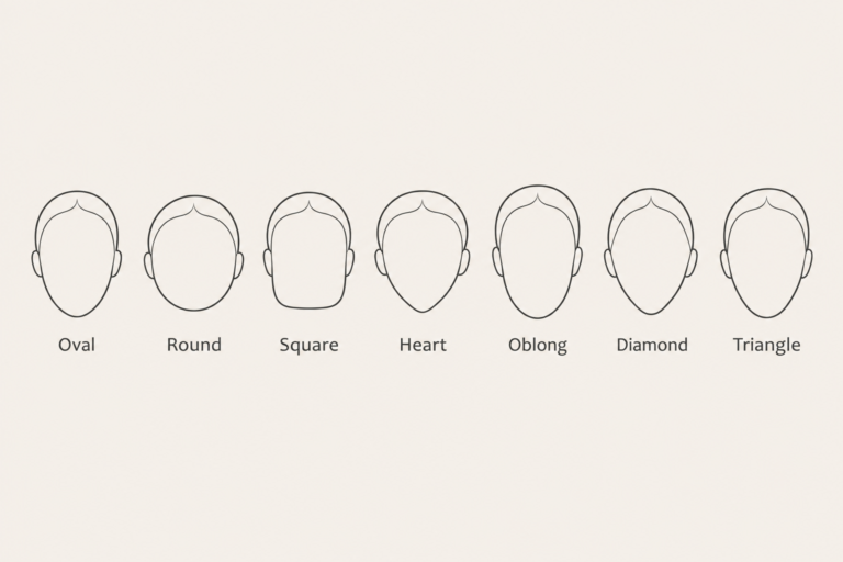 Seven face shape outlines illustrated side by side: oval, round, square, heart, oblong, diamond