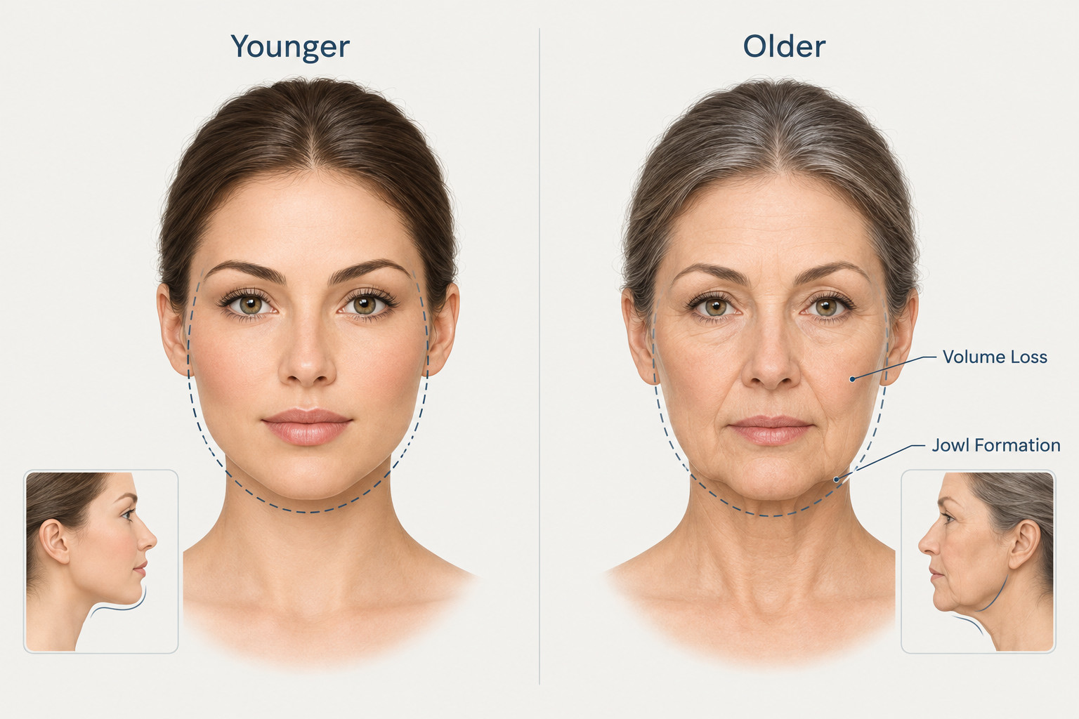 Clinical illustration comparing younger and older face showing how volume loss and jowling alter