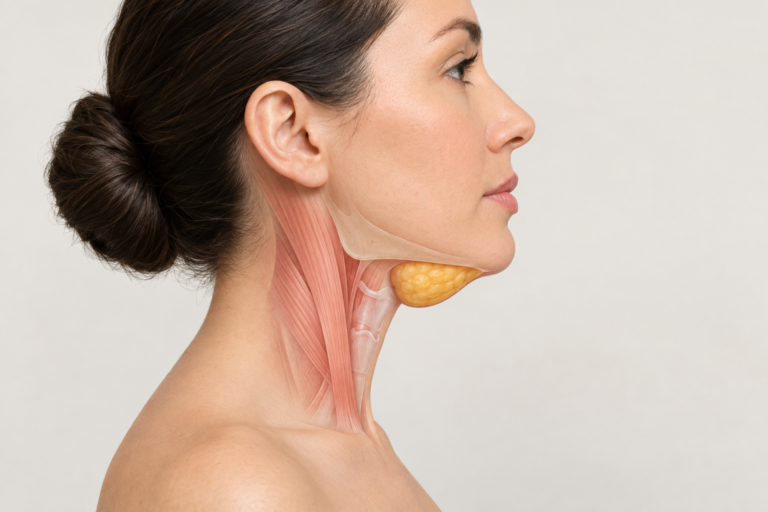 Illustration of submental fat deposit beneath the chin shown in side profile