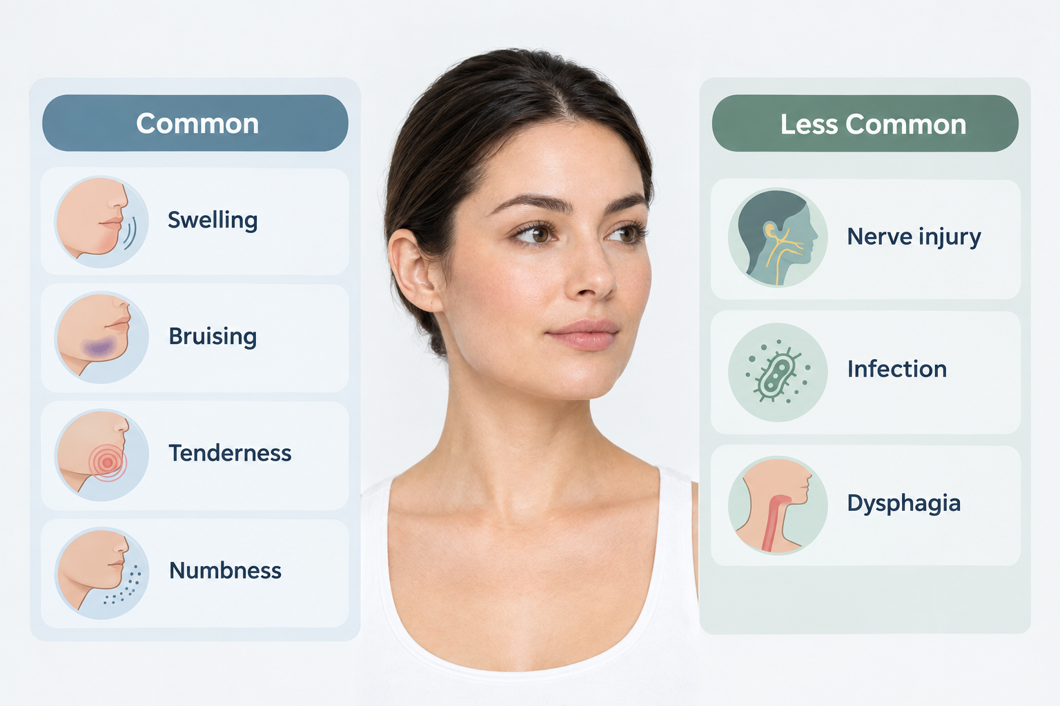 Infographic of common and less common side effects of chin fat dissolving injections