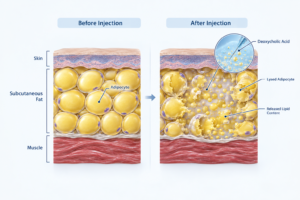 Illustration of fat cell membrane disruption by deoxycholic acid injection in subcutaneous tissue