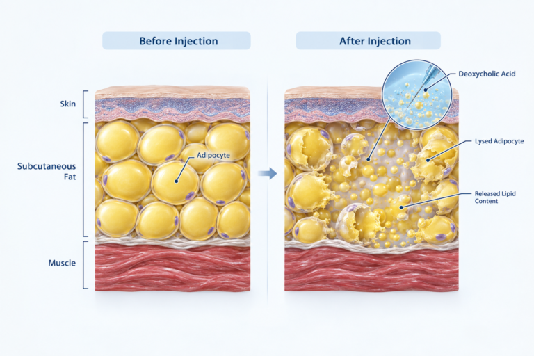 Illustration of fat cell membrane disruption by deoxycholic acid injection in subcutaneous tissue