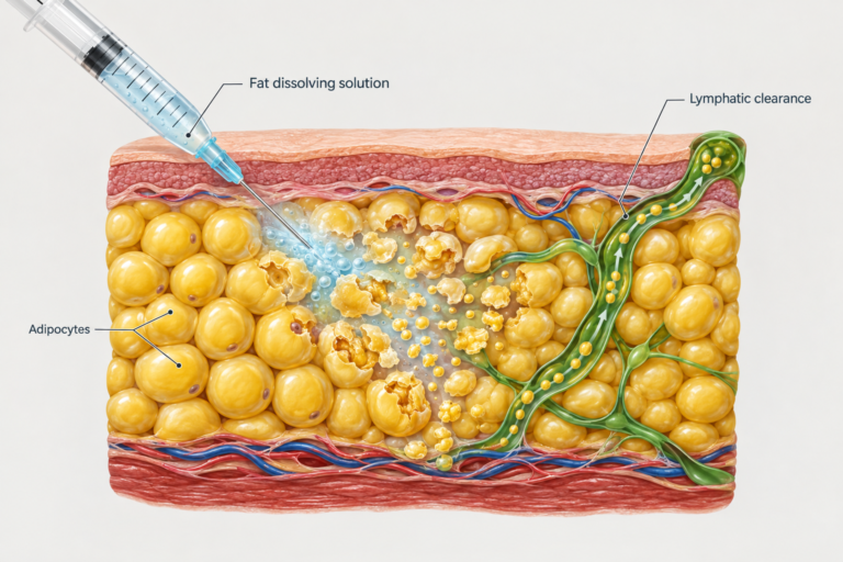 Illustration of fat dissolving injection mechanism targeting subcutaneous fat cells in body