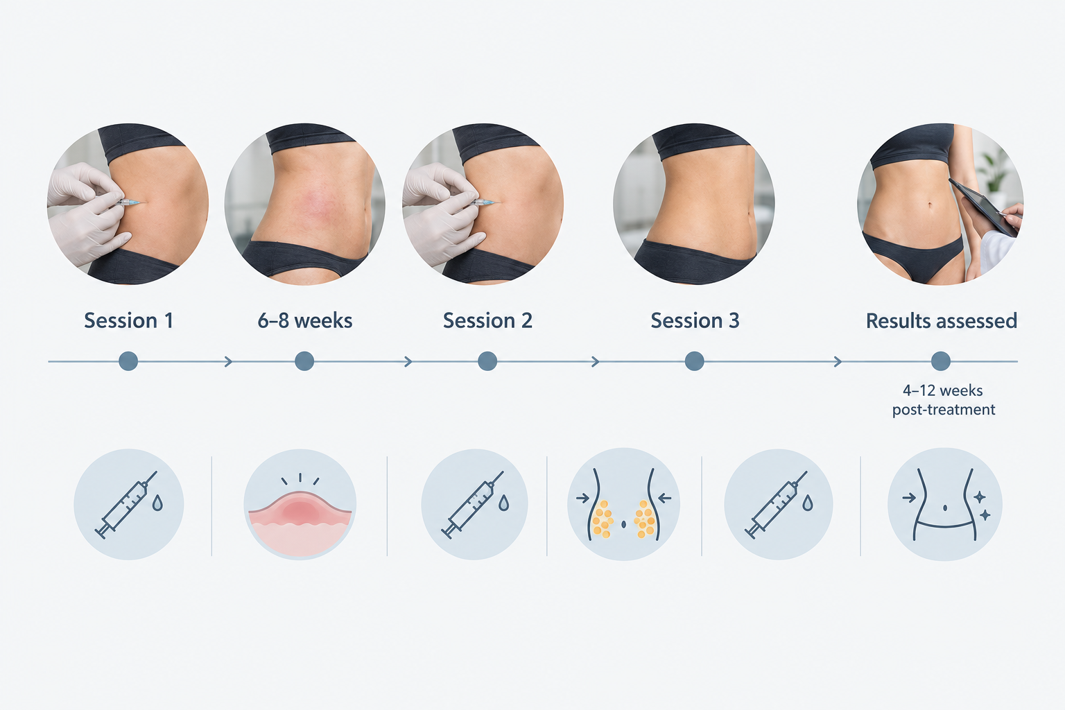Infographic showing typical fat dissolving injection course timeline with sessions spaced six to
