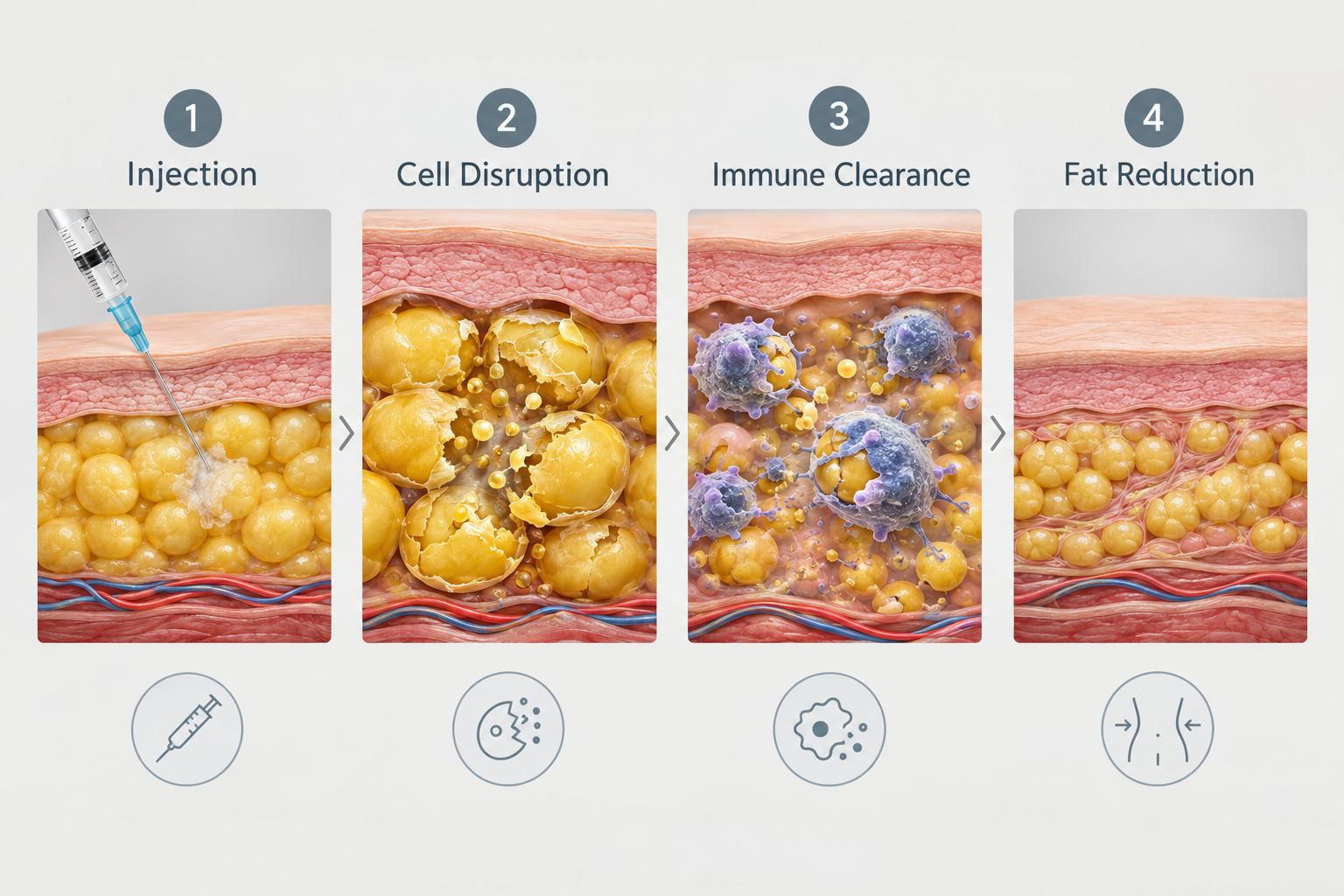 Four-step infographic showing how fat dissolving injections break down fat cells through lipolysis
