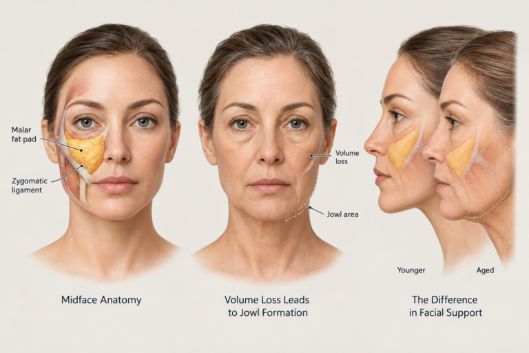 Illustration showing midface anatomy and how volume loss contributes to jowl formation