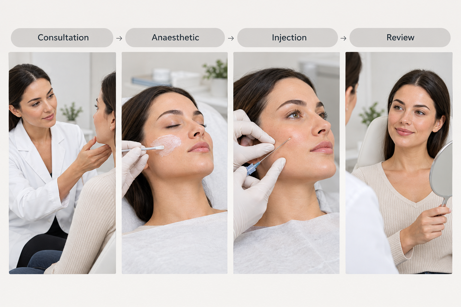 Step-by-step process of a cheek filler appointment for jowl improvement